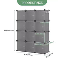 Organisateur de rangement 12 cubes avec portes, étagère modulaire en plastique pour chambre à coucher et salon, gris