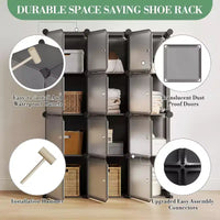Organisateur de rangement 12 cubes avec portes, étagère modulaire en plastique pour chambre à coucher et salon, gris