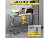 Table de travail 48 x 30 po avec étagère inférieure - Table pliante robuste en acier inoxydable avec pied réglable, table de préparation alimentaire pour cuisine commerciale