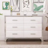 Commode MAYEERTY laquée brillante avec poignées métalliques, meuble de rangement miroir à 6 tiroirs pour chambre, blanc