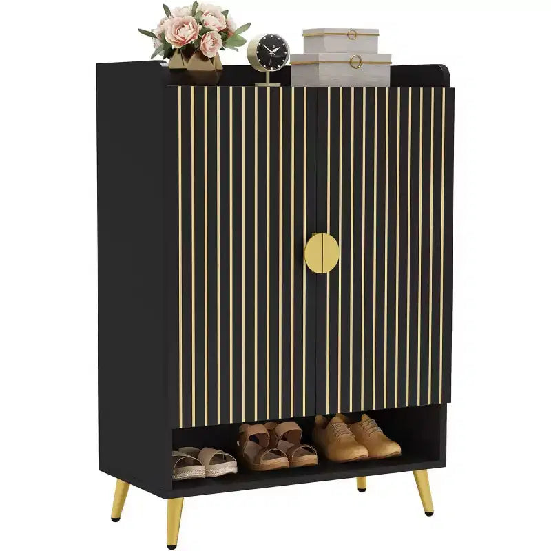 Meuble à chaussures en bois noir Lantine 7 niveaux avec portes et étagères réglables, idéal pour entrée, couloir, placard, rangement à chaussures de salon.