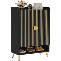 Meuble à chaussures en bois noir Lantine 7 niveaux avec portes et étagères réglables, idéal pour entrée, couloir, placard, rangement à chaussures de salon.
