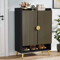 Meuble à chaussures en bois noir Lantine 7 niveaux avec portes et étagères réglables, idéal pour entrée, couloir, placard, rangement à chaussures de salon.
