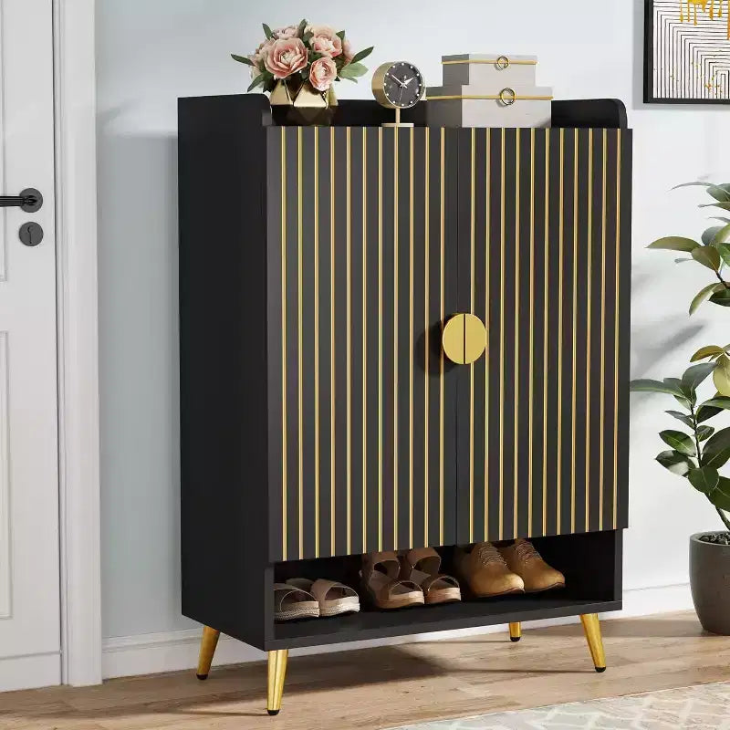 Meuble à chaussures en bois noir Lantine 7 niveaux avec portes et étagères réglables, idéal pour entrée, couloir, placard, rangement à chaussures de salon.