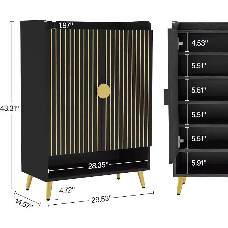 Meuble à chaussures en bois noir Lantine 7 niveaux avec portes et étagères réglables, idéal pour entrée, couloir, placard, rangement à chaussures de salon.