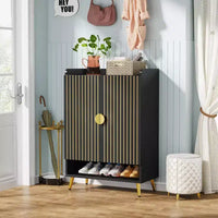 Meuble à chaussures en bois noir Lantine 7 niveaux avec portes et étagères réglables, idéal pour entrée, couloir, placard, rangement à chaussures de salon.