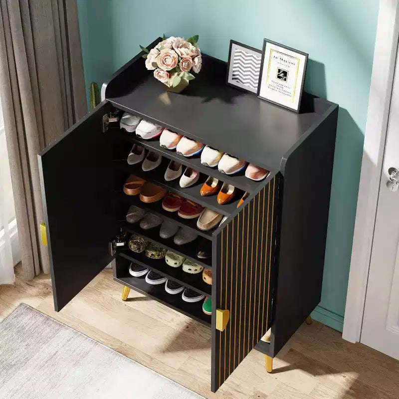 Meuble à chaussures en bois noir Lantine 7 niveaux avec portes et étagères réglables, idéal pour entrée, couloir, placard, rangement à chaussures de salon.