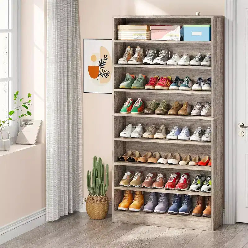Meuble à chaussures haut Lantine 9 niveaux pour 40-45 paires, rangement robuste autoportant en bois pour entrée, 70,8 po, gris beige