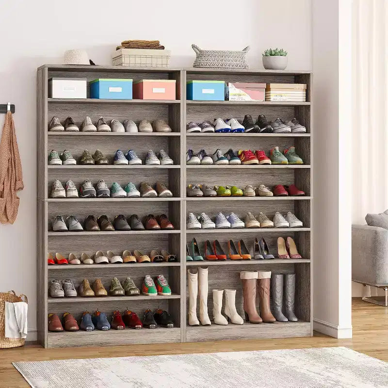 Meuble à chaussures haut Lantine 9 niveaux pour 40-45 paires, rangement robuste autoportant en bois pour entrée, 70,8 po, gris beige