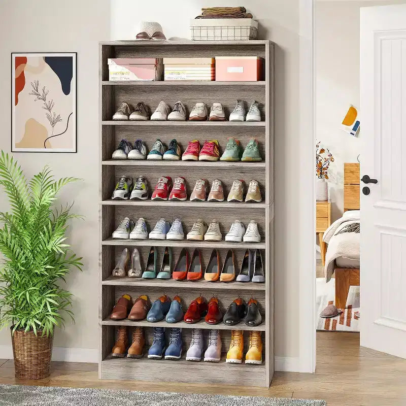 Meuble à chaussures haut Lantine 9 niveaux pour 40-45 paires, rangement robuste autoportant en bois pour entrée, 70,8 po, gris beige