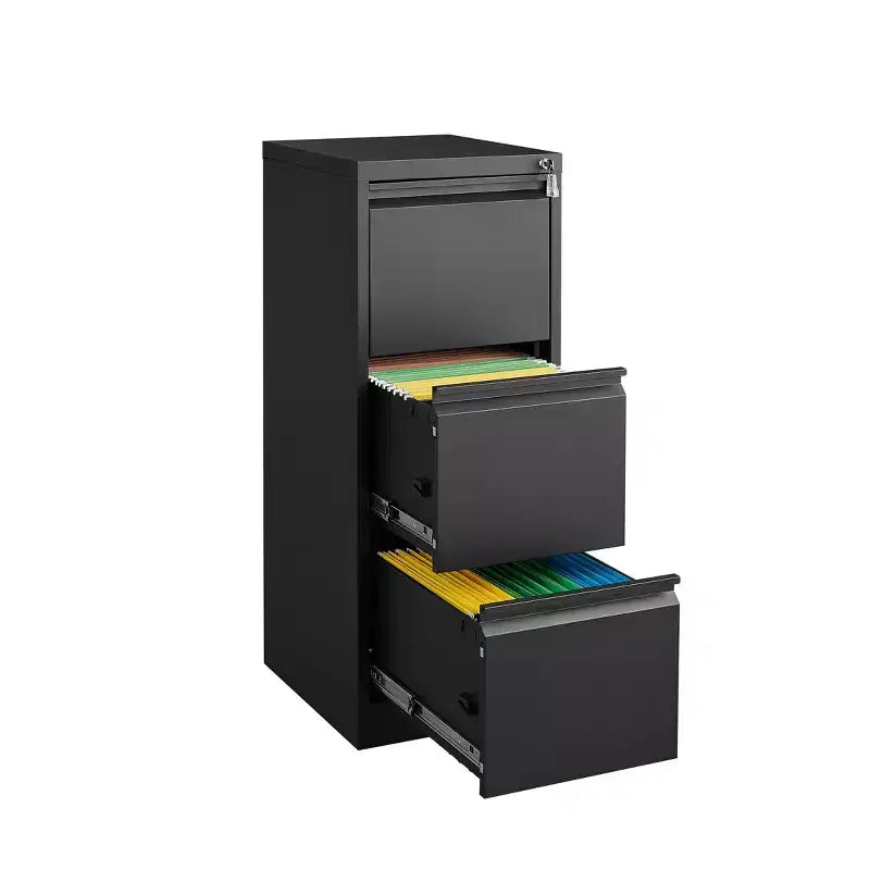 VIYET 41 classeur vertical verrouillable à 3 tiroirs, armoire de rangement de bureau en métal noir (anti-basculement pour dossiers Lettre/A4/Legal)