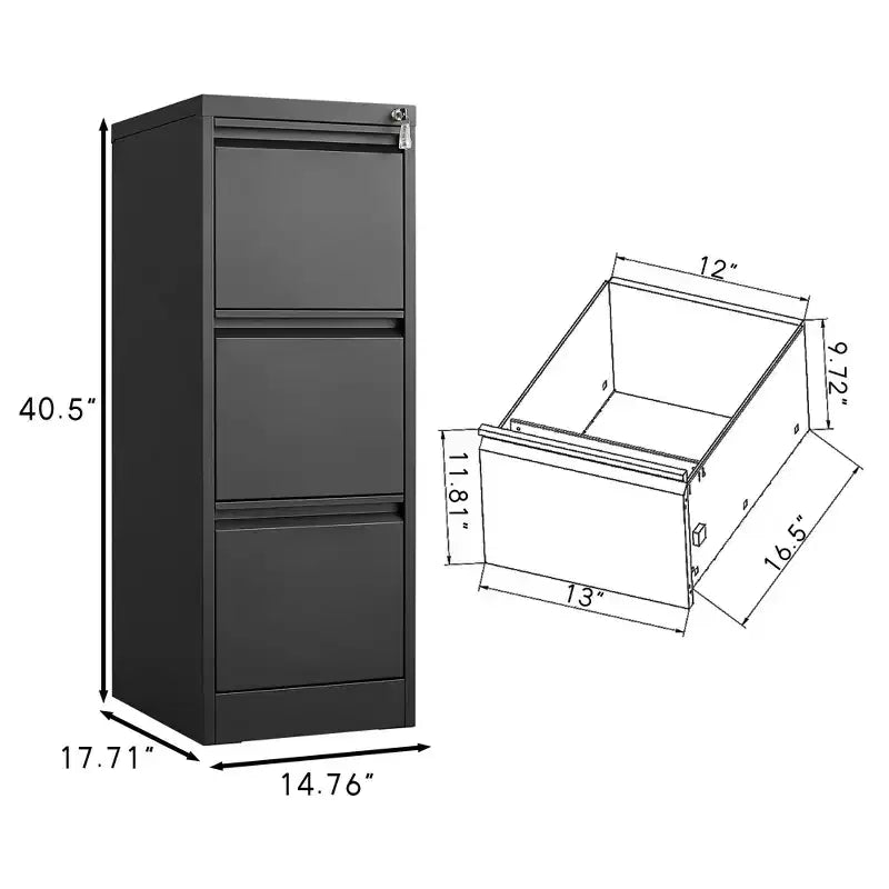 VIYET 41 classeur vertical verrouillable à 3 tiroirs, armoire de rangement de bureau en métal noir (anti-basculement pour dossiers Lettre/A4/Legal)