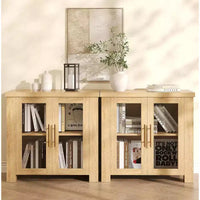 Buffet de cuisine 84 cm/150 cm avec portes en verre trempé – Meuble de rangement en bois pour salle à manger et salon