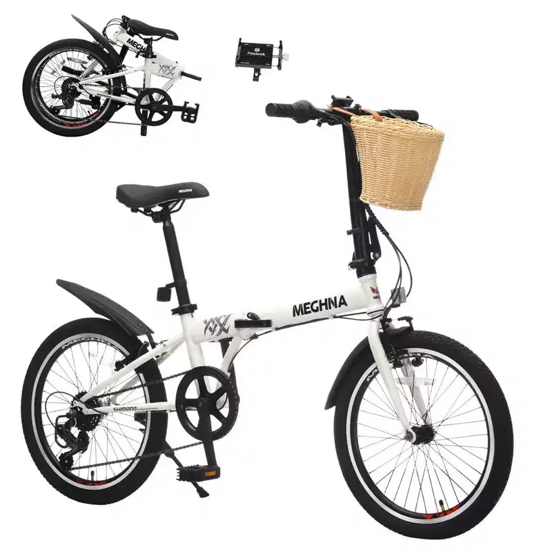 NAYSAYE Vélo pliant 20 pouces pour adultes avec panier, support de téléphone, garde-boue, cadre en acier 6 vitesses, double freins en V pour hommes et femmes, blanc, 61 x 26,38 x 42,13