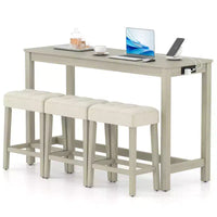 Ensemble table de bar 4 pièces Costway avec station de recharge, 3 tabourets rembourrés pour salon et cuisine