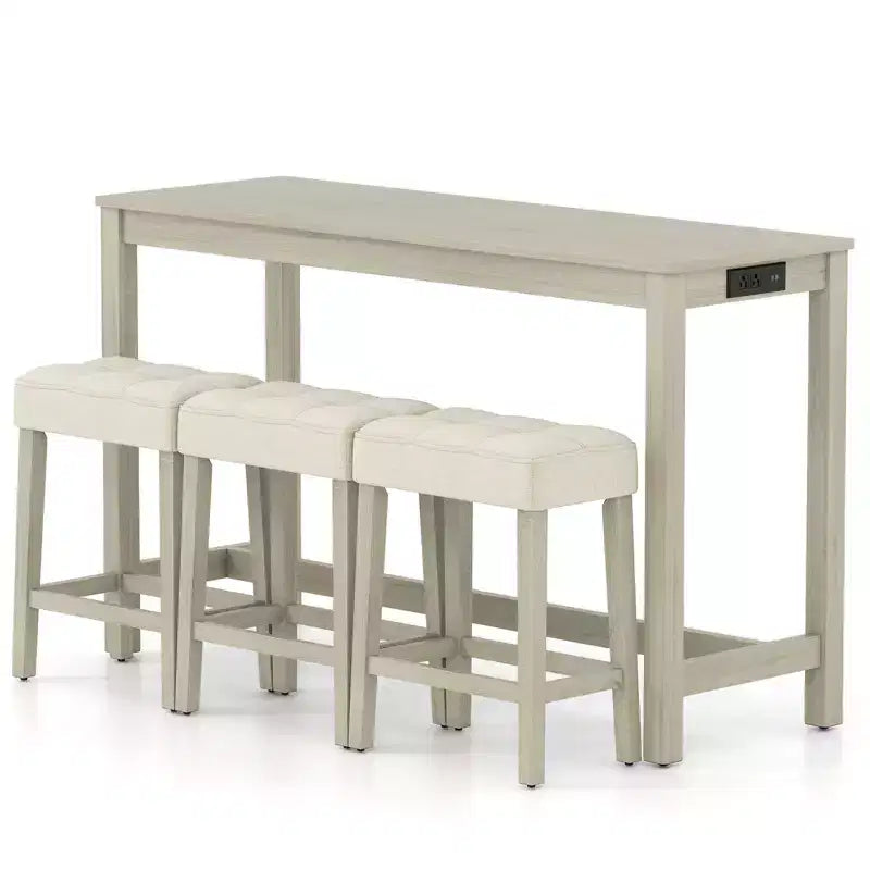 Ensemble table de bar 4 pièces Costway avec station de recharge, 3 tabourets rembourrés pour salon et cuisine