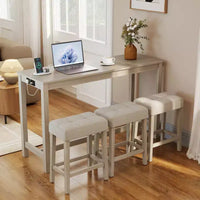 Ensemble table de bar 4 pièces Costway avec station de recharge, 3 tabourets rembourrés pour salon et cuisine