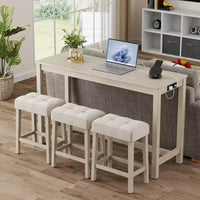 Ensemble table de bar 4 pièces Costway avec station de recharge, 3 tabourets rembourrés pour salon et cuisine