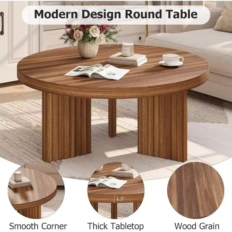 Petite table basse ronde 33.4 à plateau épais de 1.3, table centrale circulaire à pieds cannelés, tables cocktail d'appoint pour maison, bureau