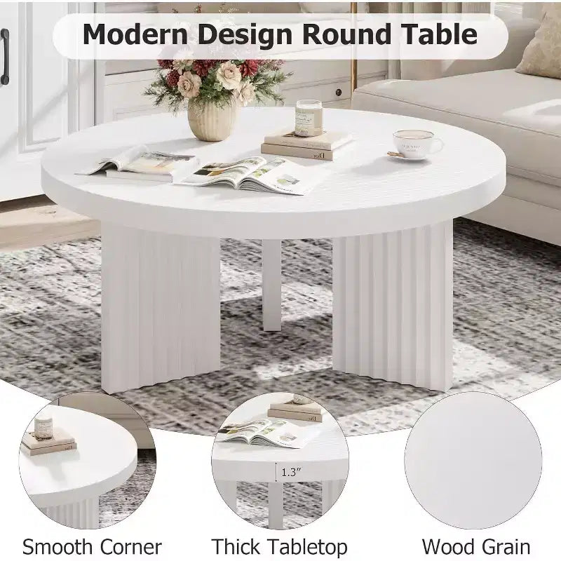 Petite table basse ronde 33.4 à plateau épais de 1.3, table centrale circulaire à pieds cannelés, tables cocktail d'appoint pour maison, bureau