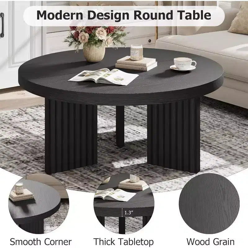 Petite table basse ronde 33.4 à plateau épais de 1.3, table centrale circulaire à pieds cannelés, tables cocktail d'appoint pour maison, bureau