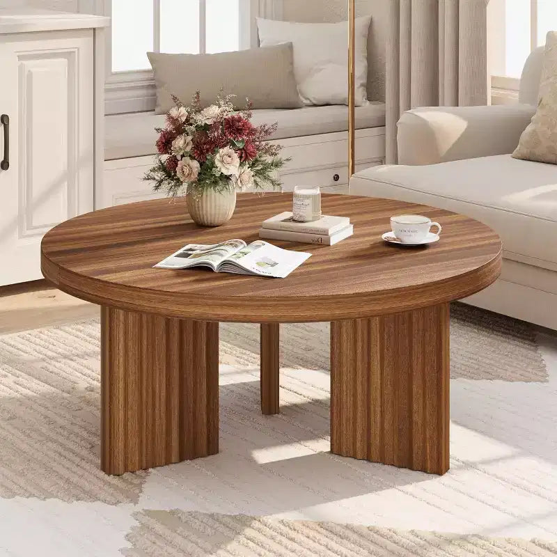 Petite table basse ronde 33.4 à plateau épais de 1.3, table centrale circulaire à pieds cannelés, tables cocktail d'appoint pour maison, bureau