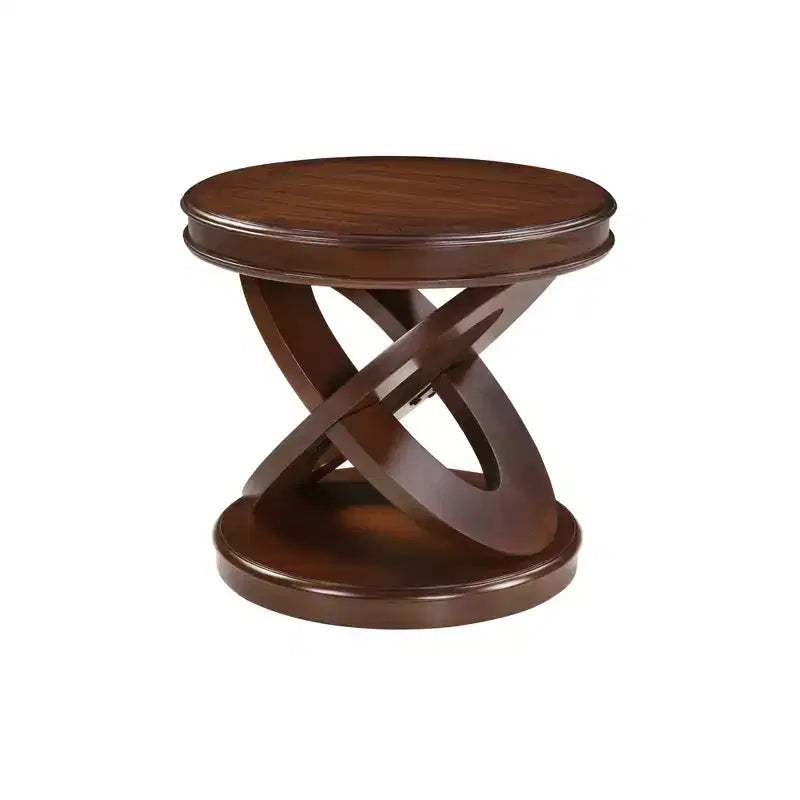 Table d'appoint ronde rétro VIYET 20 po en bois - base en X, placage en bois massif, noyer
