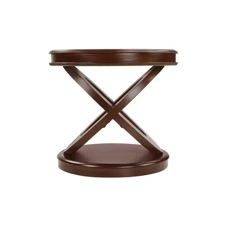 Table d'appoint ronde rétro VIYET 20 po en bois - base en X, placage en bois massif, noyer