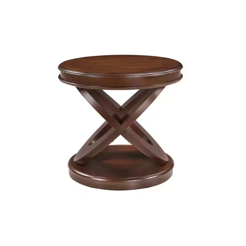 Table d'appoint ronde rétro VIYET 20 po en bois - base en X, placage en bois massif, noyer