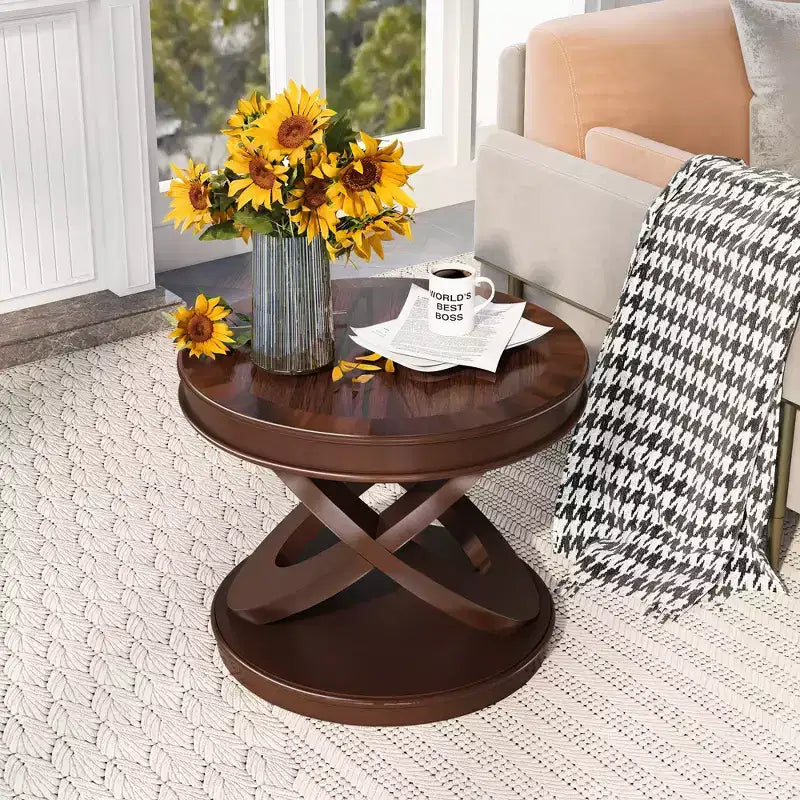 Table d'appoint ronde rétro VIYET 20 po en bois - base en X, placage en bois massif, noyer