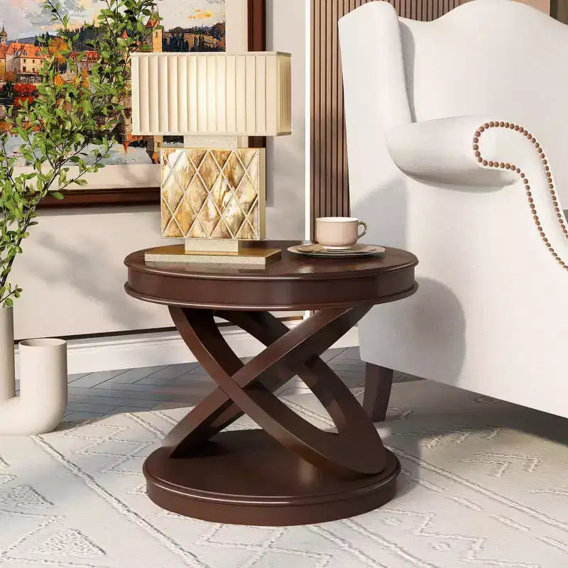 Table d'appoint ronde rétro VIYET 20 po en bois - base en X, placage en bois massif, noyer