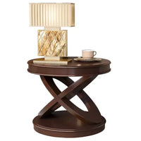 Table d'appoint ronde rétro VIYET 20 po en bois - base en X, placage en bois massif, noyer