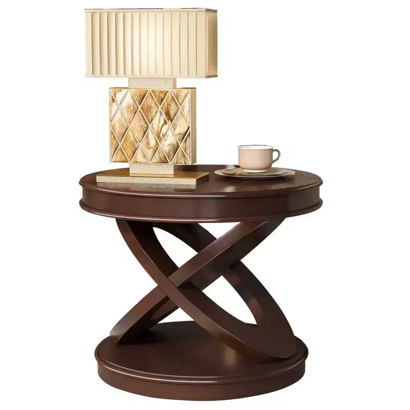 Table d'appoint ronde rétro VIYET 20 po en bois - base en X, placage en bois massif, noyer