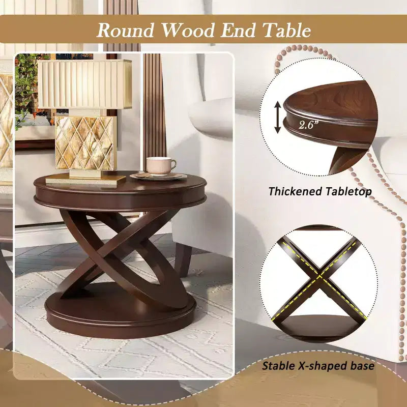 Table d'appoint ronde rétro VIYET 20 po en bois - base en X, placage en bois massif, noyer