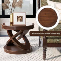 Table d'appoint ronde rétro VIYET 20 po en bois - base en X, placage en bois massif, noyer