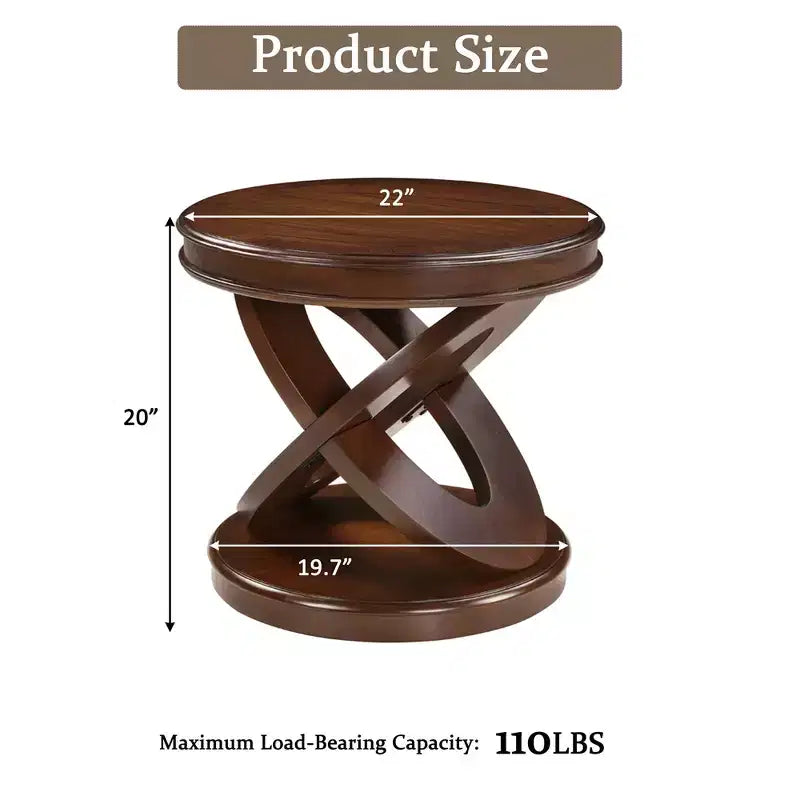 Table d'appoint ronde rétro VIYET 20 po en bois - base en X, placage en bois massif, noyer