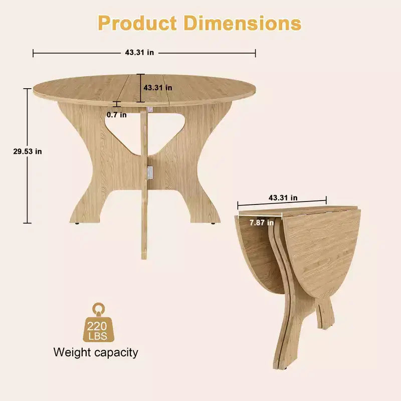 MAYEERTY table de salle à manger ronde pliable, table de cuisine en MDF gain de place avec placage chêne sauvage, table polyvalente intérieur-extérieur