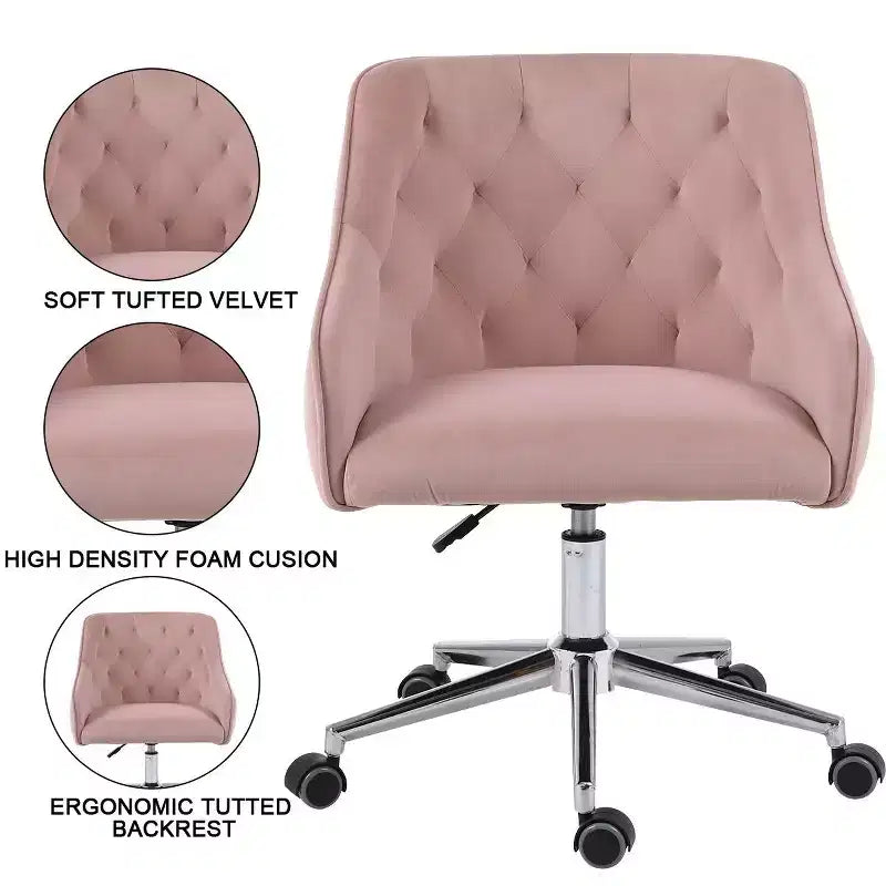 Chaise de travail en velours HOFFREE pivotante, à hauteur réglable et roulettes fluides - élégante et confortable pour bureau à domicile, coiffeuse et dortoirs