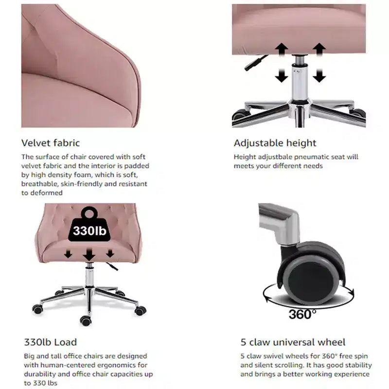 Chaise de travail en velours HOFFREE pivotante, à hauteur réglable et roulettes fluides - élégante et confortable pour bureau à domicile, coiffeuse et dortoirs