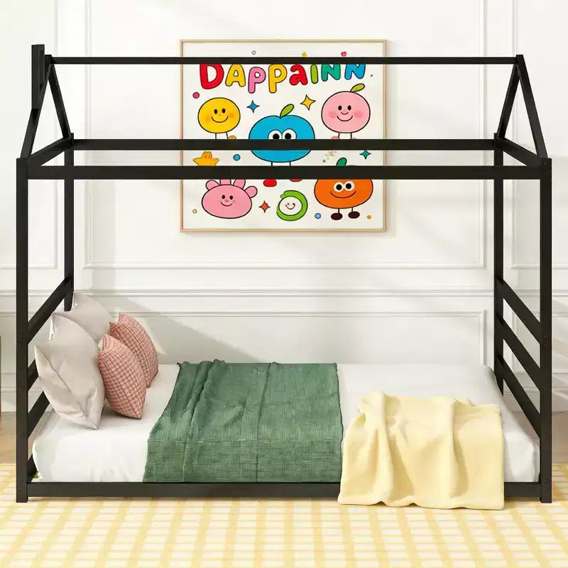 Lit en métal en forme de maison Luxystar, Grand Lit (Queen Size), Noir