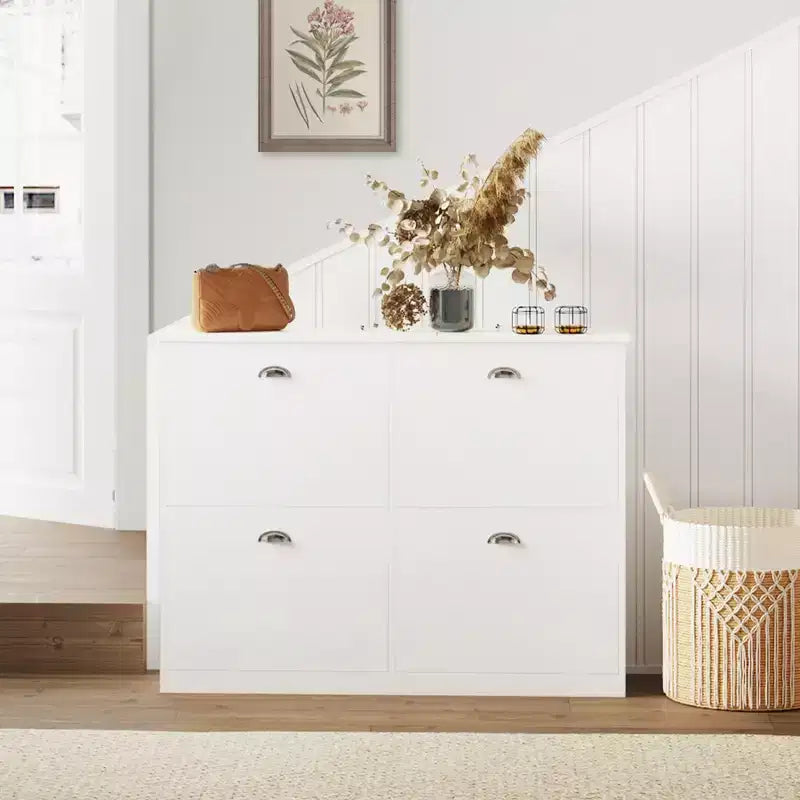 Meuble à chaussures ultra-fin dissimulé JVNOXK 40 po avec 4 tiroirs rabattables et mécanisme anti-basculement, idéal pour entrées et chambres, blanc