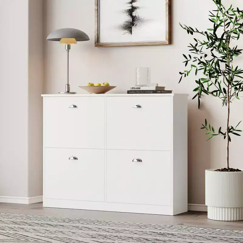 Meuble à chaussures ultra-fin dissimulé JVNOXK 40 po avec 4 tiroirs rabattables et mécanisme anti-basculement, idéal pour entrées et chambres, blanc