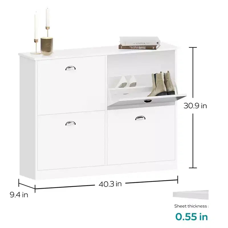 Meuble à chaussures ultra-fin dissimulé JVNOXK 40 po avec 4 tiroirs rabattables et mécanisme anti-basculement, idéal pour entrées et chambres, blanc