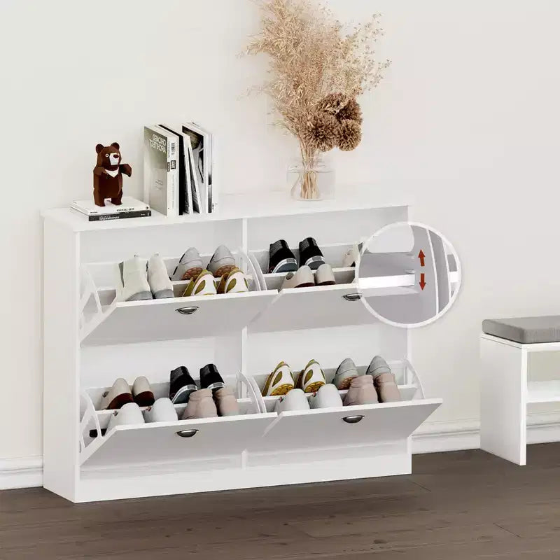 Meuble à chaussures ultra-fin dissimulé JVNOXK 40 po avec 4 tiroirs rabattables et mécanisme anti-basculement, idéal pour entrées et chambres, blanc