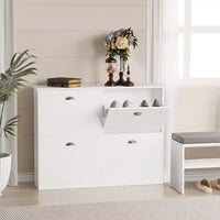 Meuble à chaussures ultra-fin dissimulé JVNOXK 40 po avec 4 tiroirs rabattables et mécanisme anti-basculement, idéal pour entrées et chambres, blanc