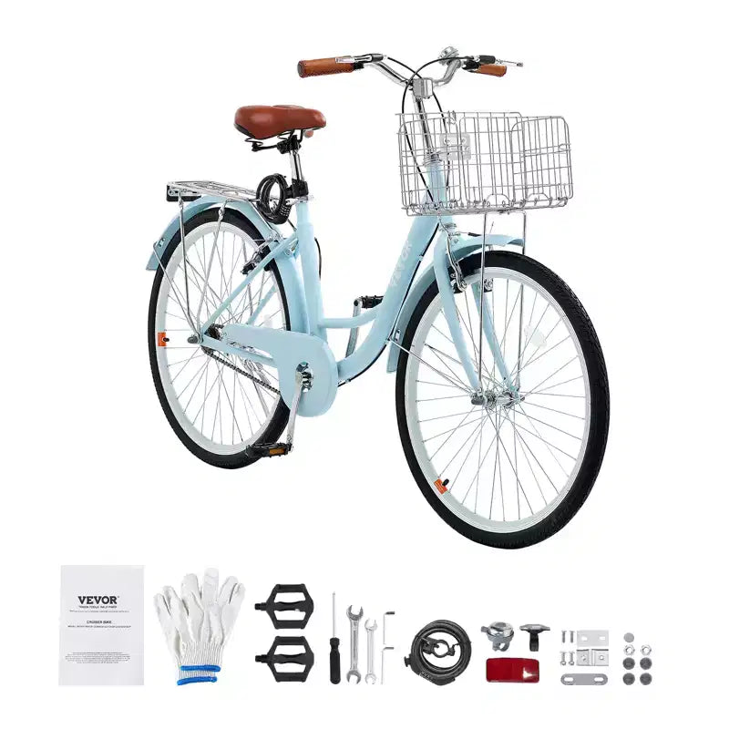 Vélo de croisière VEVOR, monovitesse, vélo de croisière de plage 26 pouces bleu clair avec panier de grande capacité et porte-bagages arrière, vélo de croisière sûr et robuste, bleu clair