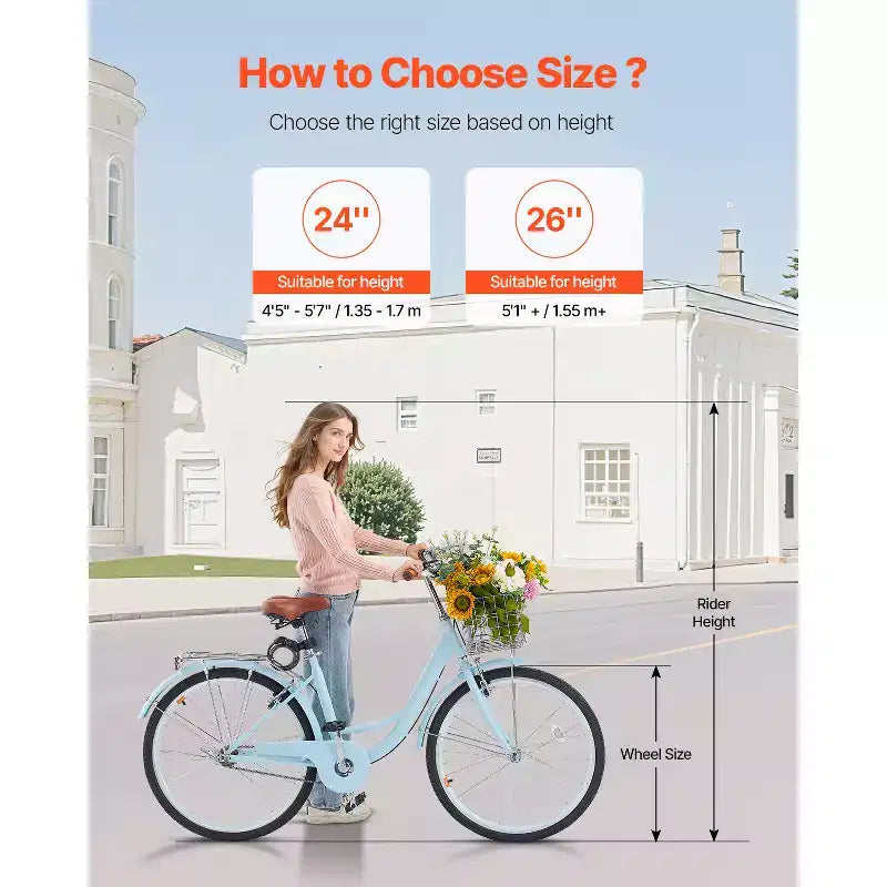 Vélo de croisière VEVOR, monovitesse, vélo de croisière de plage 26 pouces bleu clair avec panier de grande capacité et porte-bagages arrière, vélo de croisière sûr et robuste, bleu clair