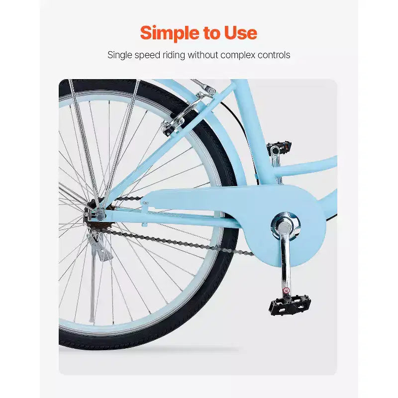 Vélo de croisière VEVOR, monovitesse, vélo de croisière de plage 26 pouces bleu clair avec panier de grande capacité et porte-bagages arrière, vélo de croisière sûr et robuste, bleu clair