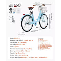 Vélo de croisière VEVOR, monovitesse, vélo de croisière de plage 26 pouces bleu clair avec panier de grande capacité et porte-bagages arrière, vélo de croisière sûr et robuste, bleu clair