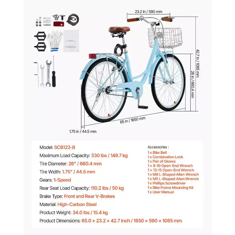 Vélo de croisière VEVOR, monovitesse, vélo de croisière de plage 26 pouces bleu clair avec panier de grande capacité et porte-bagages arrière, vélo de croisière sûr et robuste, bleu clair